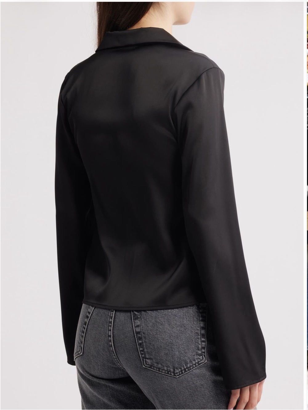 Nasty Gal Black Satin Tie-Front Long Sleeve Blouse - Picture 4 of 8